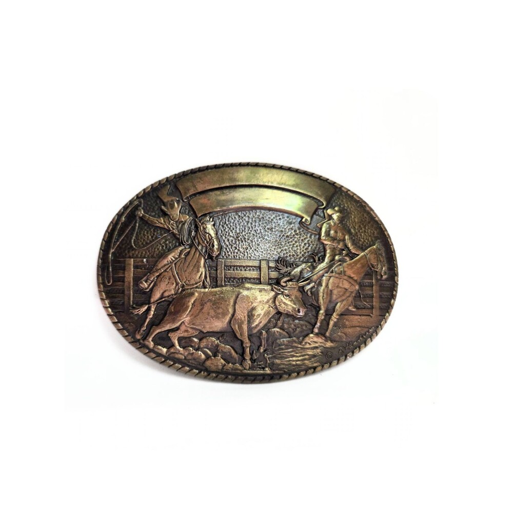 Tony Lama Solid Brass Rodeo Cowboy Cattle Scene Belt Buckle Vintage Oval Western
